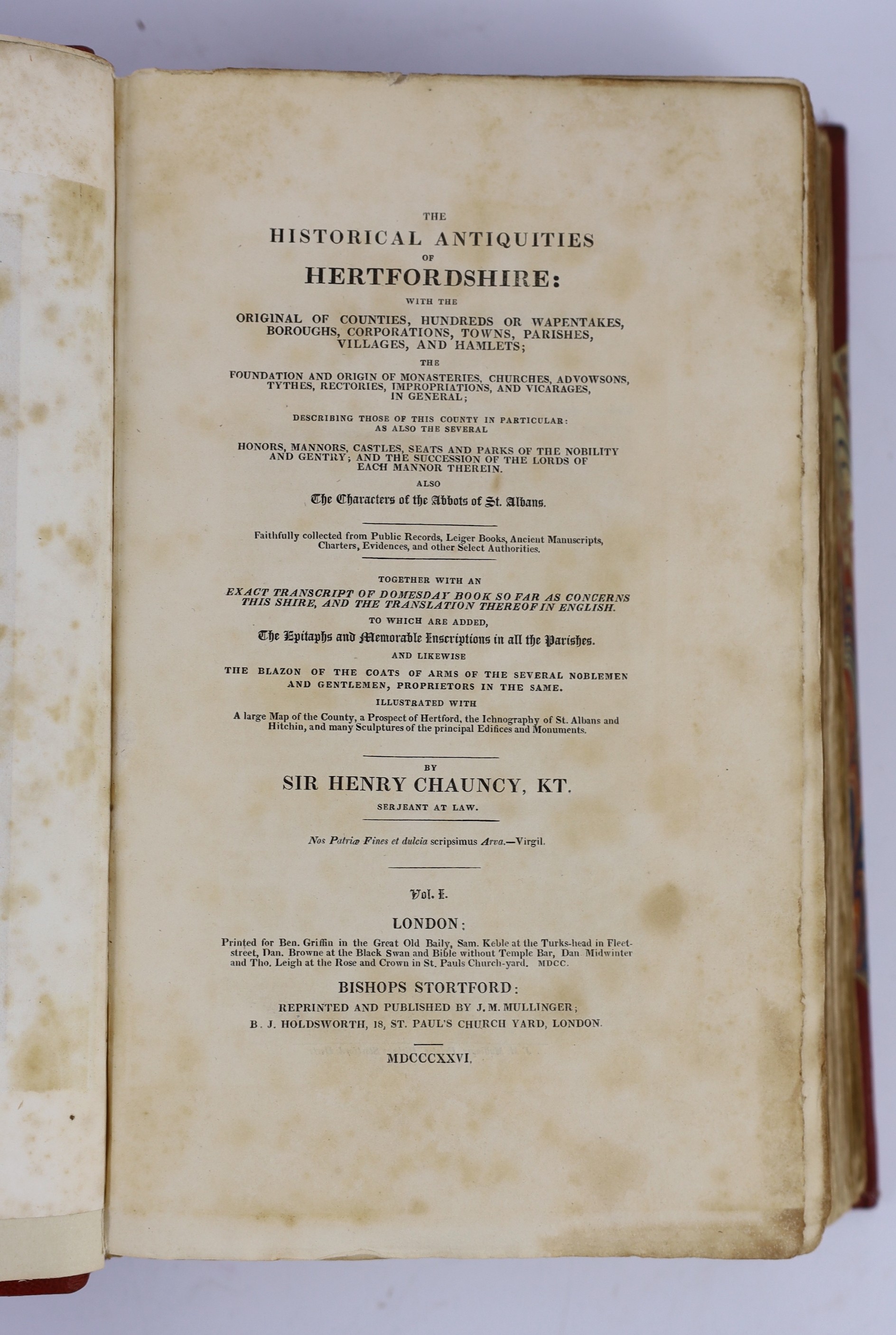 HERTS: Chauncy, Sir Henry - The Historical Antiquities of Hertfordshire ... (new edition), 2 vols. portrait, large folded map and 44 plates (mostly d-page), subscribers list; rebound 20th cent.